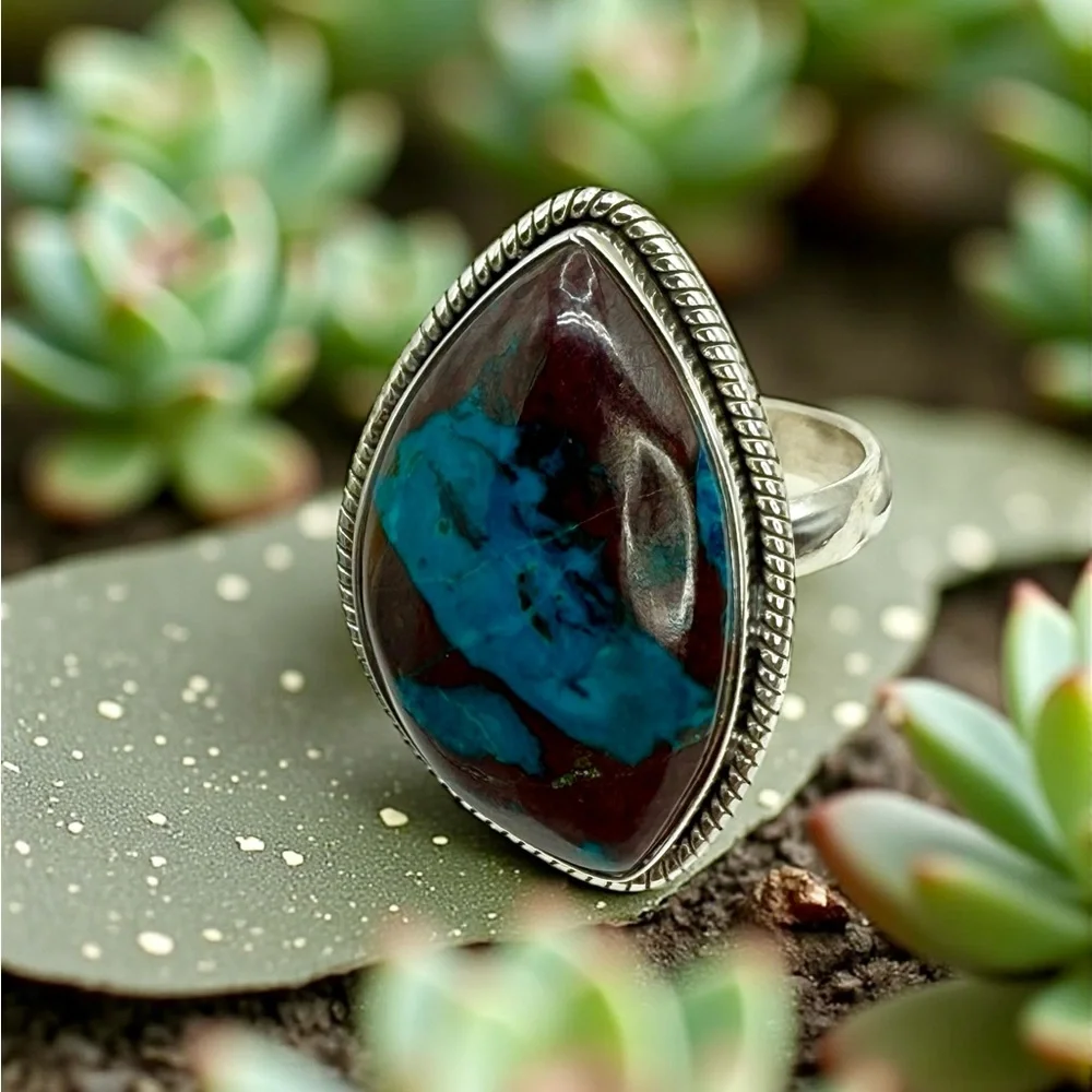 Genuine Shattuckite Statement Ring – 925 Sterling Silver – Boho Caribbean Chic